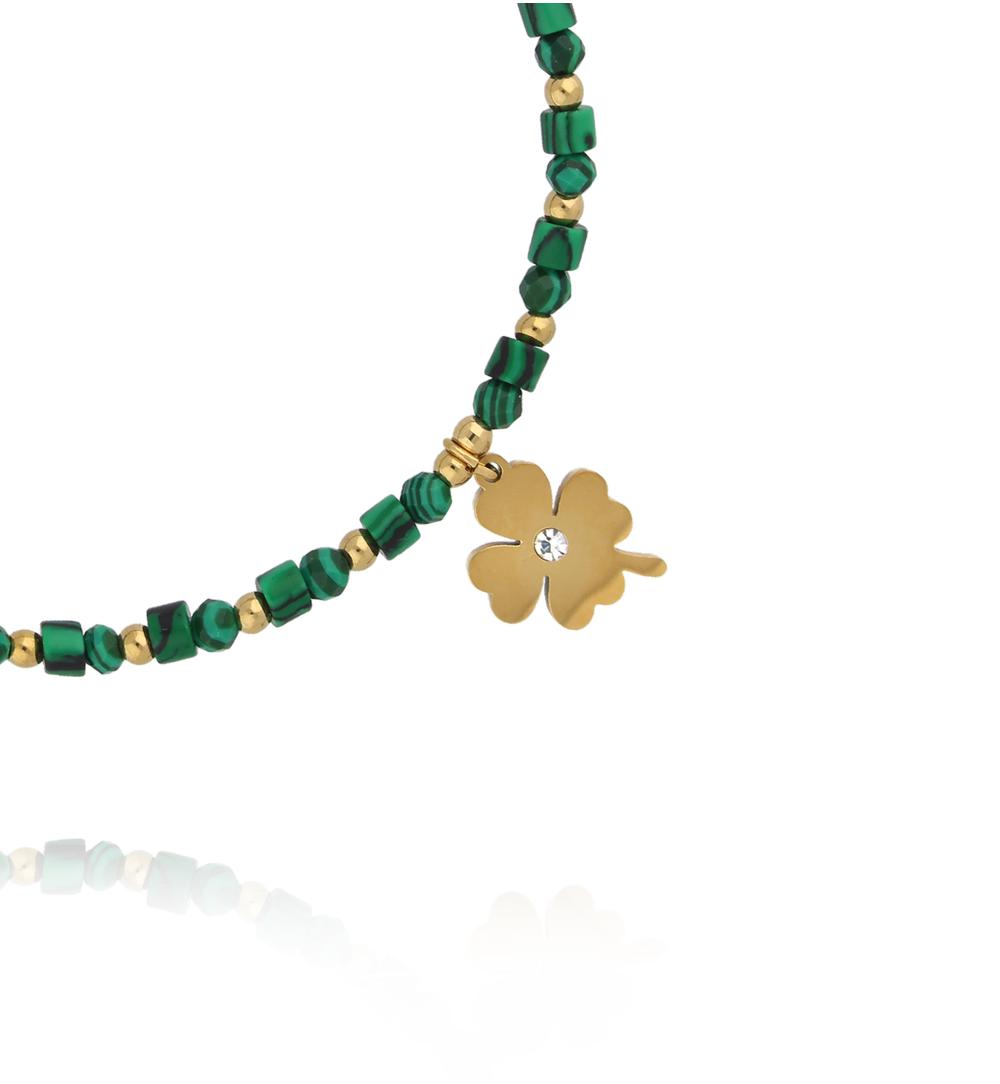 Bransoletka z malachitu ze złotą koniczyną BTW3514