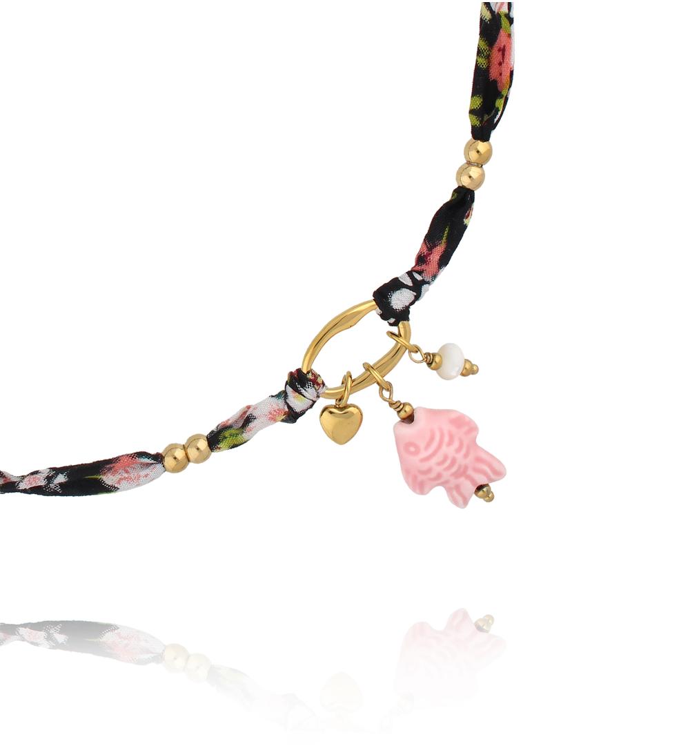 Naszyjnik z tkaniny w kwiatowy wzór z zawieszką rybki NSH0131