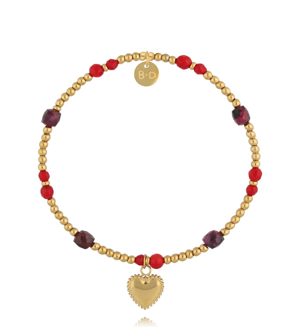 Bransoletka z czerwonym koralem i granatem z zawieszką serca BTW3554