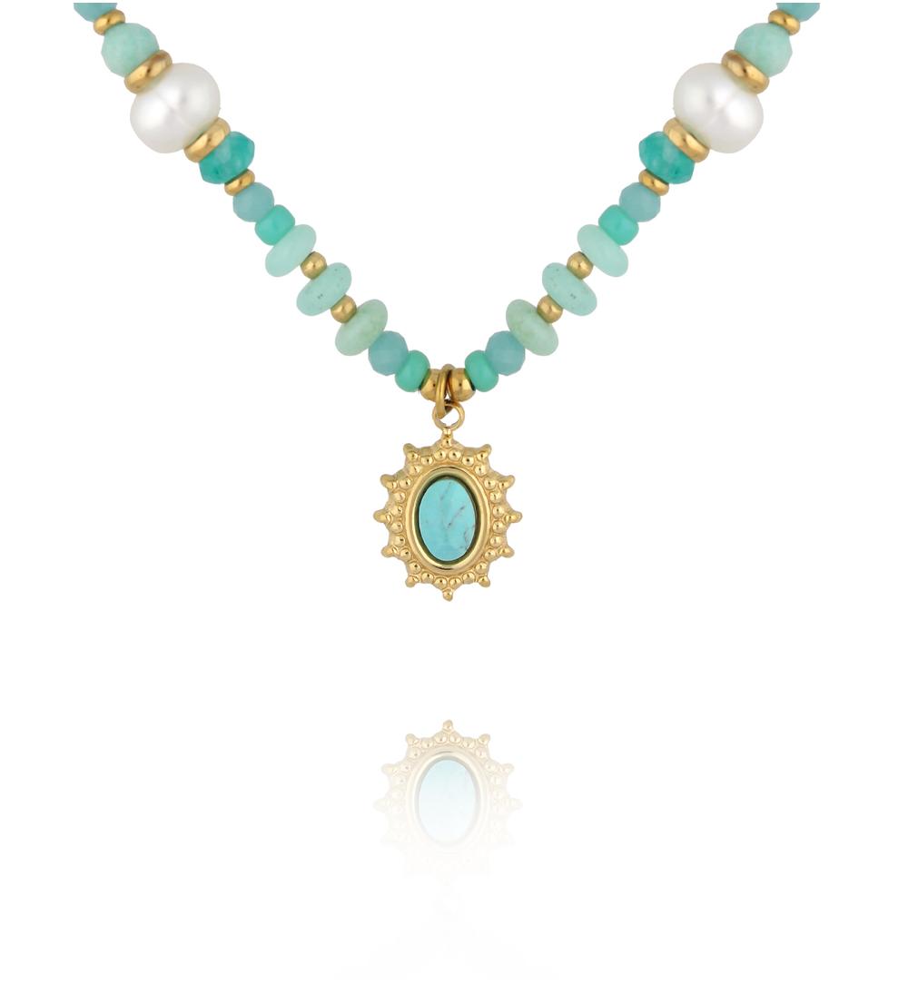Naszyjnik z amazonitem, perłami i turkusową zawieszką NTW1587