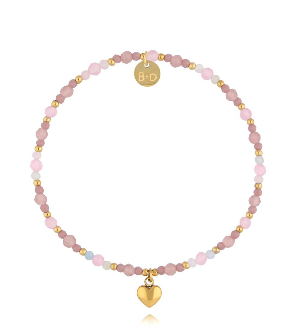 Zestaw bransoletek z kwarcu różowego i pereł z motywem serca ZN0156