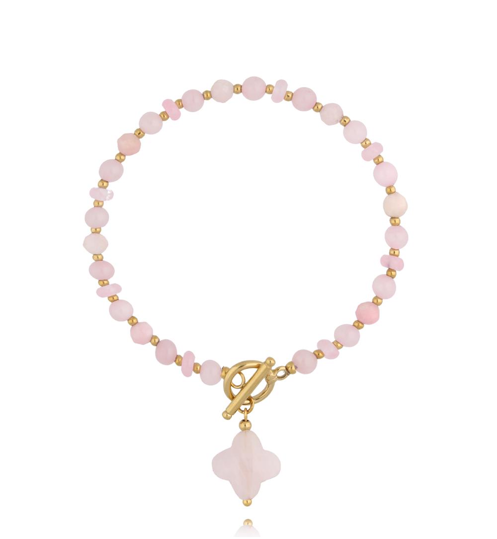 Bransoletka z kwarcami różowymi z koniczynką i złotym zapięciem BPA0635