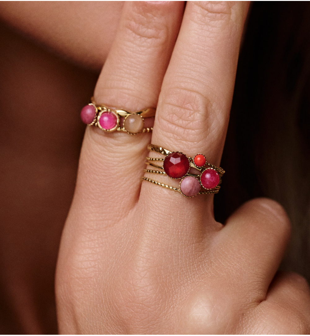 Pierścionek z rodonitami i jadeitami PEA0086