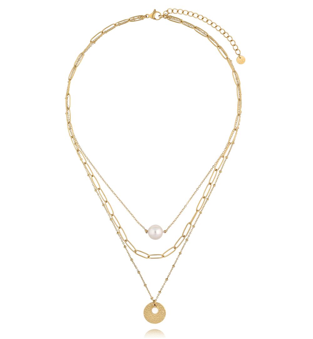 Naszyjnik warstwowy z perłą i złotym medalionem NEA0057