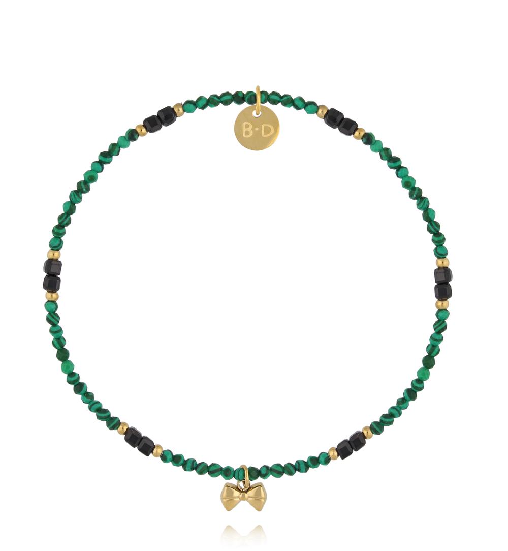Bransoletka z malachitu i czarnych kamieni ze złotą kokardką BTW3511