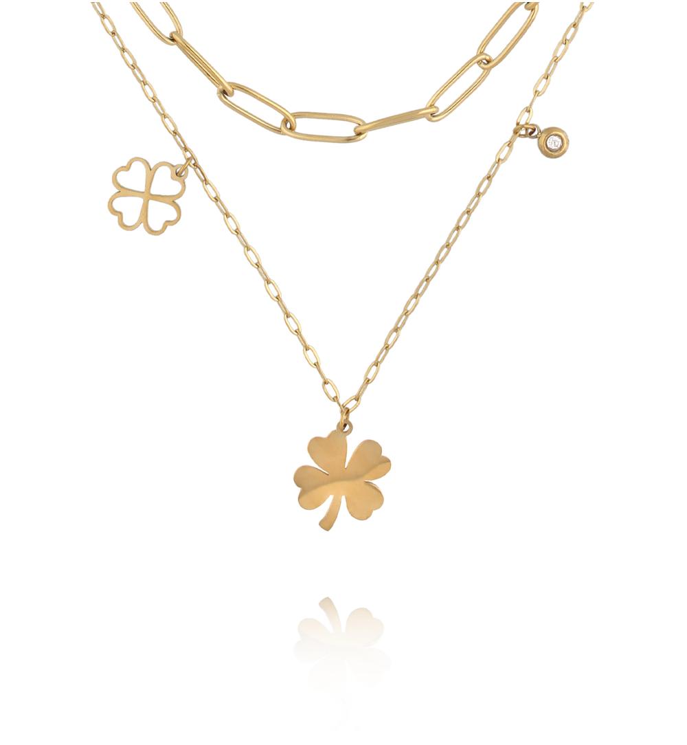 Naszyjnik warstwowy z koniczynkami złoty NEA0067