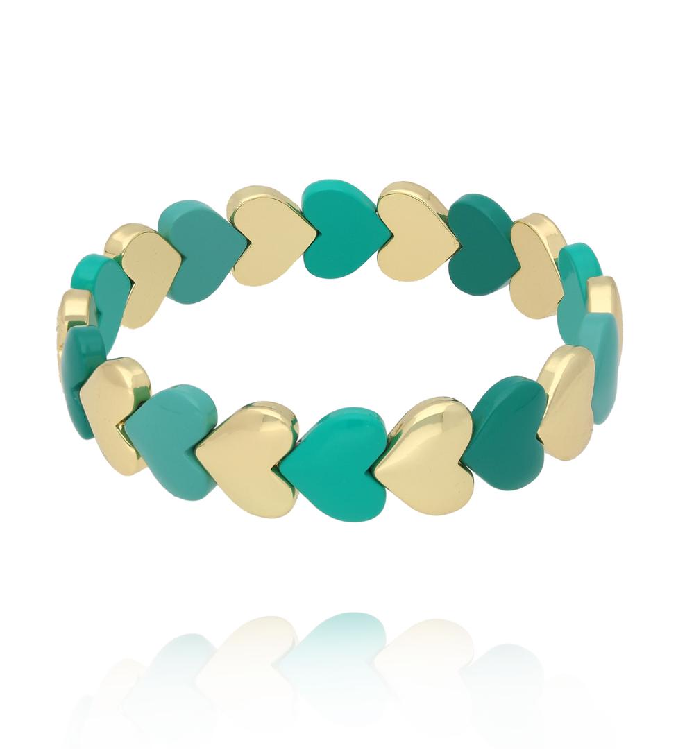 Bransoletka elastyczna z serduszkami w odcieniach turkusu i złota BCR0081