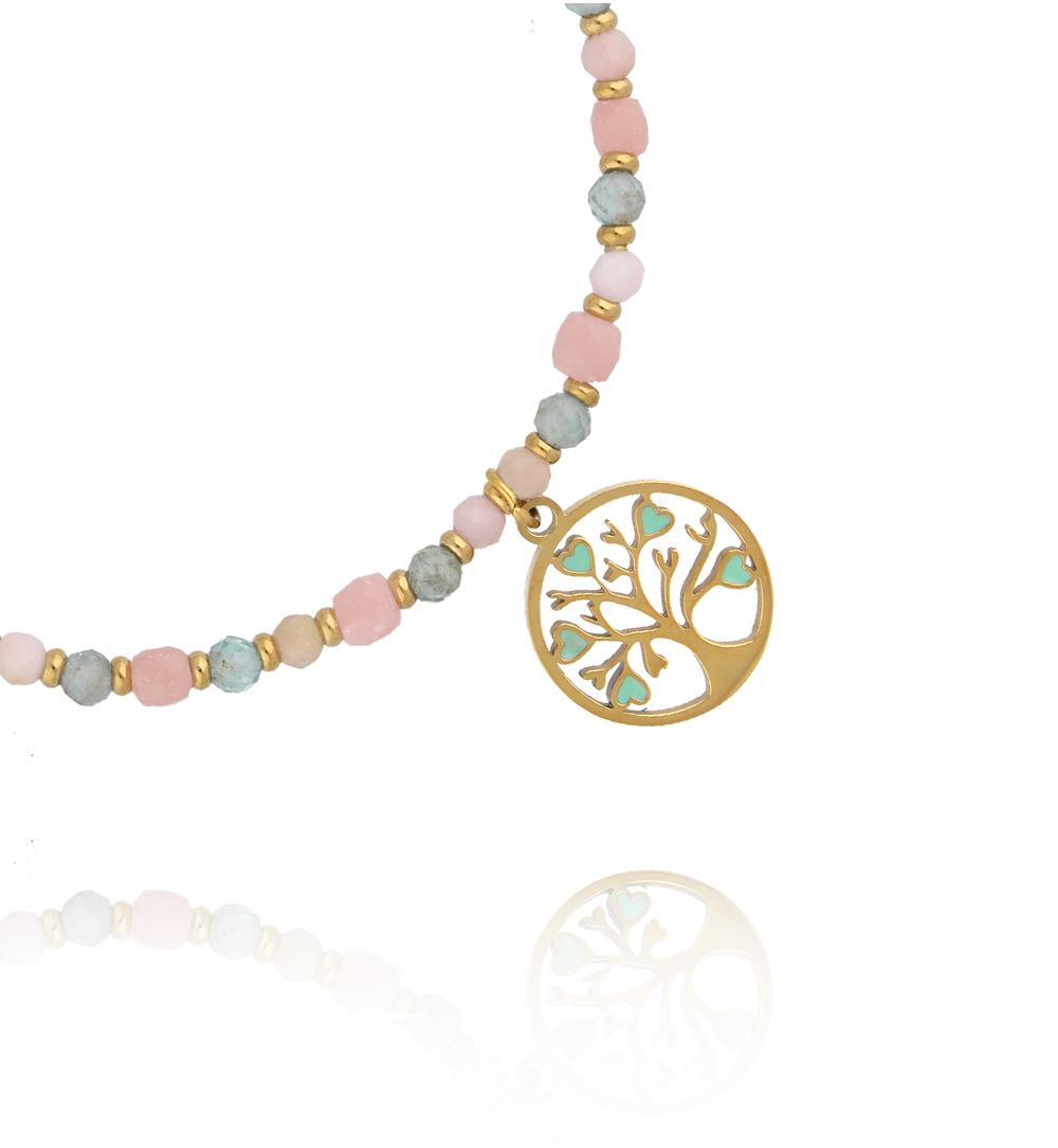 Bransoletka z różowym opalem i apatytami z zawieszką Drzewo Życia BTW3698