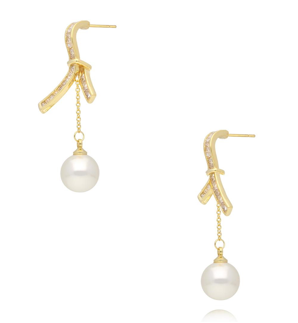 Kolczyki z kokardką, łańcuszkiem i perłą KPE0216