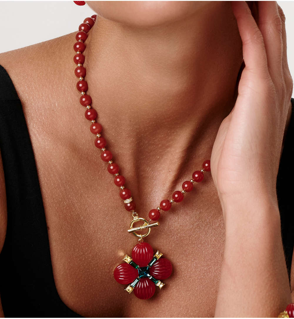 Zestaw biżuterii z czerwonym motywem kwiatowym ZN0161