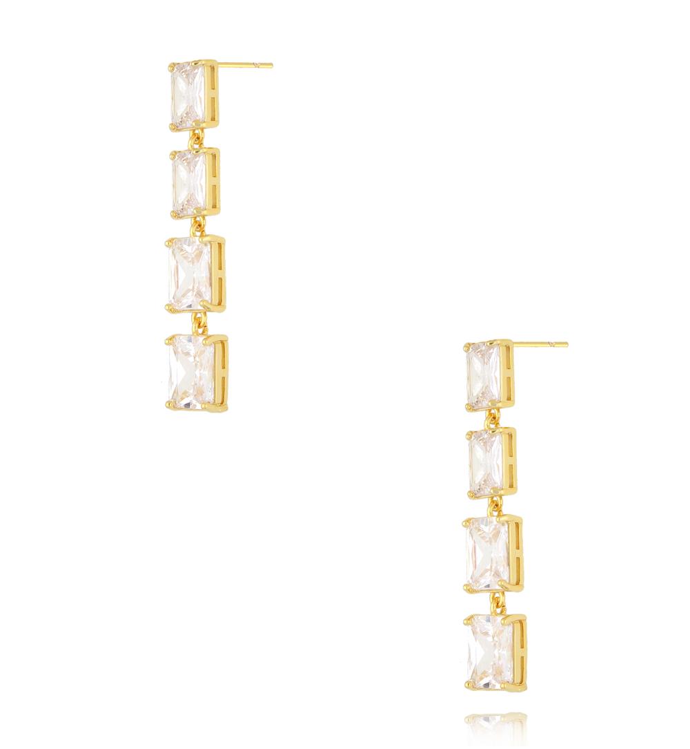 Kolczyki z kwadratowymi kryształkami długie złote KSS2178