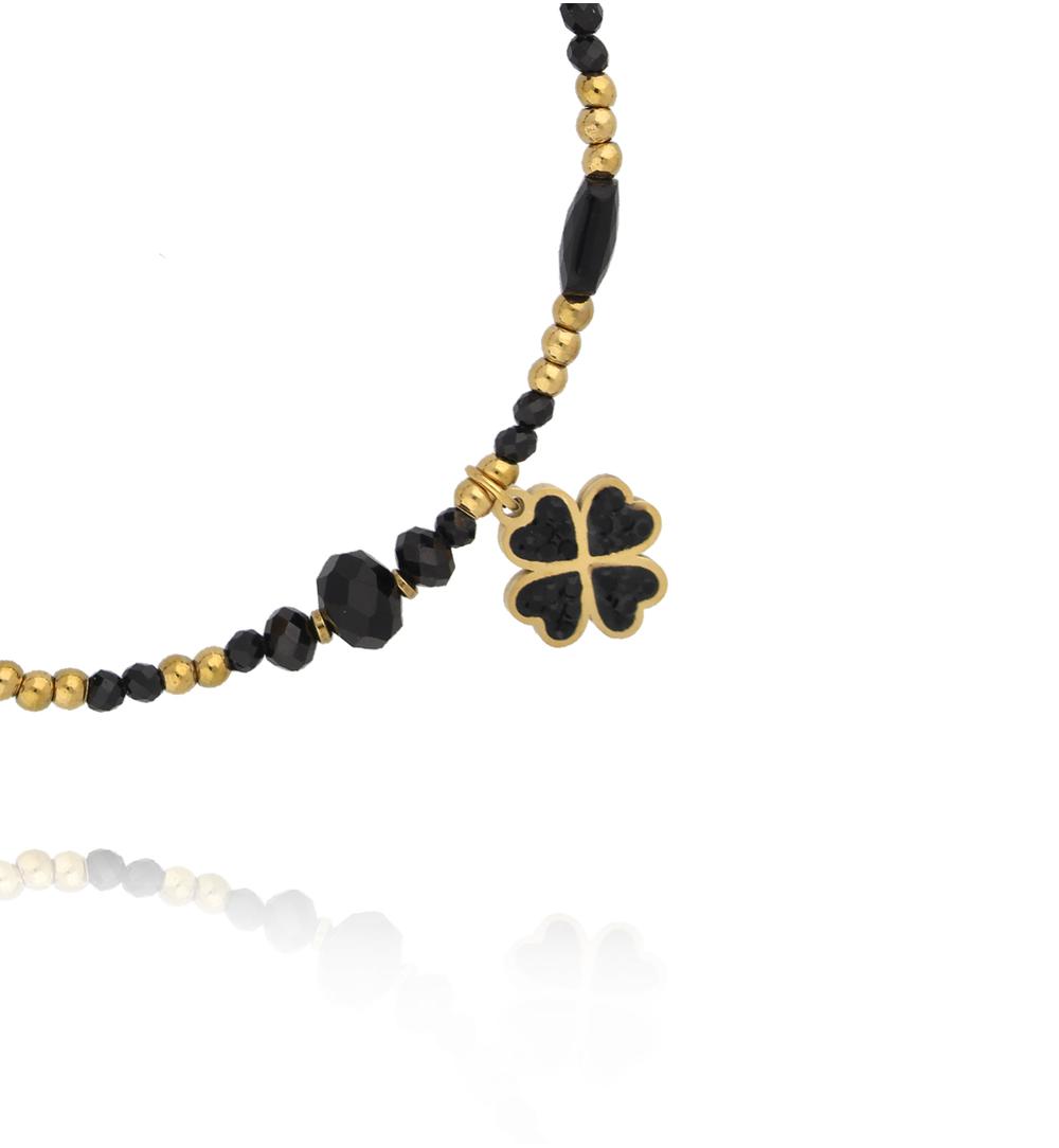 Bransoletka z czarnego turmalinu i czarnego agatu ze złotą koniczyną BTW3519