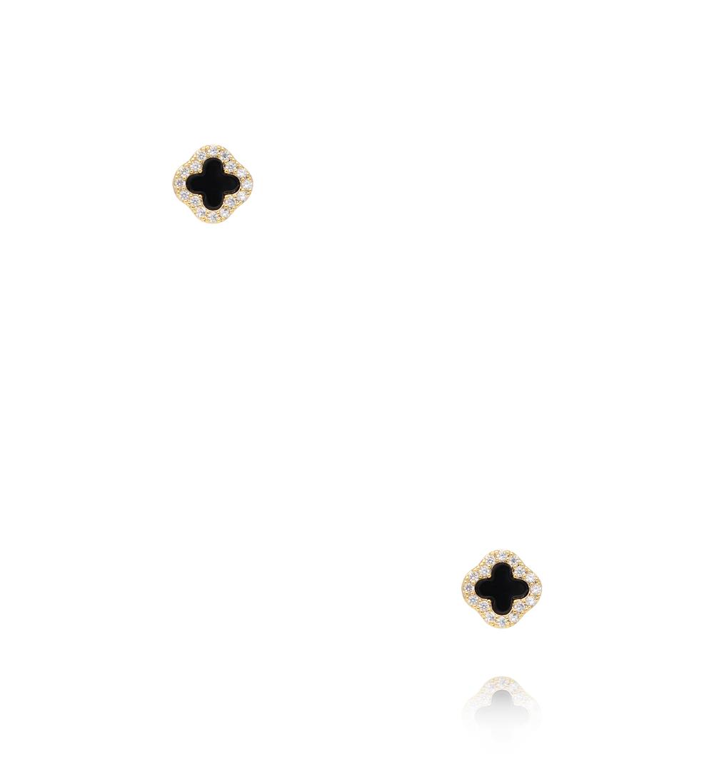 Zestaw złoconych kolczyków czarnych koniczynek z cyrkoniami KMB0040