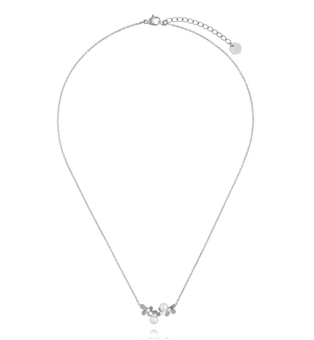 Naszyjnik z kwiatuszkami i perełkami srebrny NSY0871