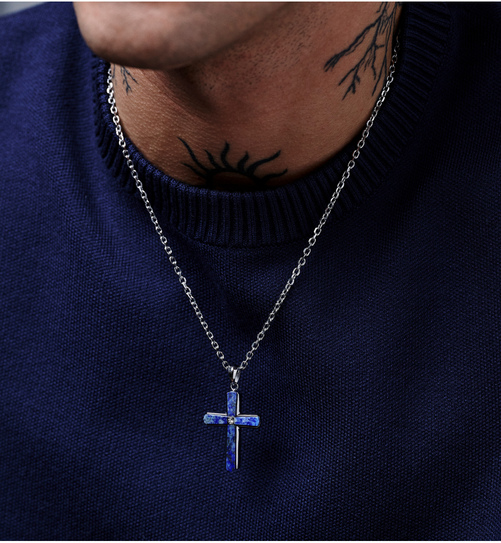 Naszyjnik z krzyżem i lapisem lazuli NMITC0196