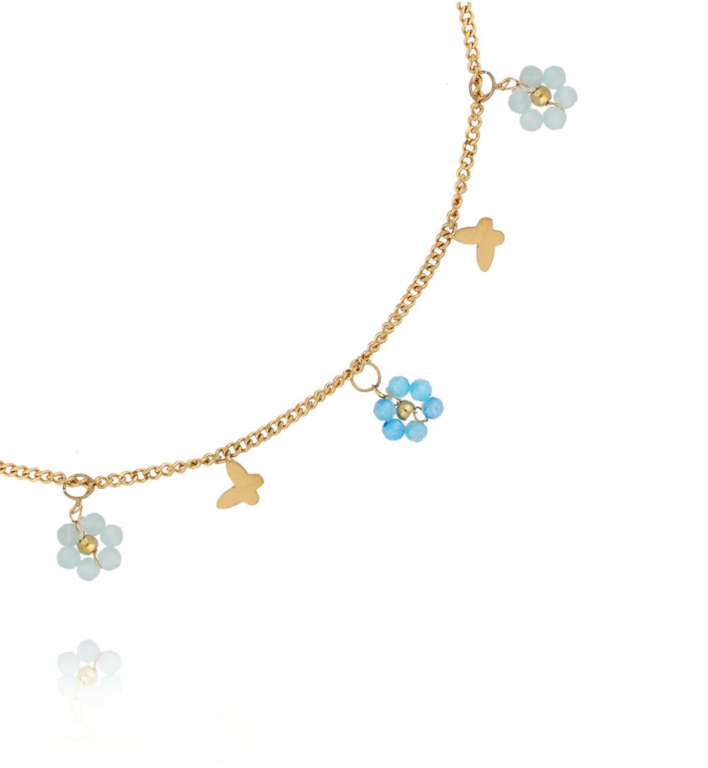 Bransoletka na nogę z motylkami i błękitnymi kwiatami BNTW0108