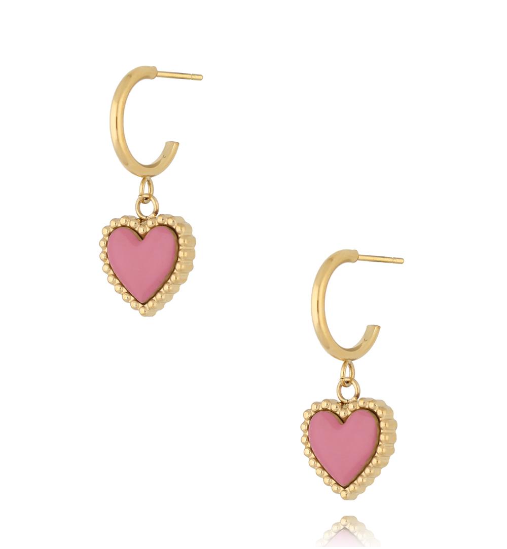 Kolczyki złote z sercem i różową emalią Enamel Heart KSA1548