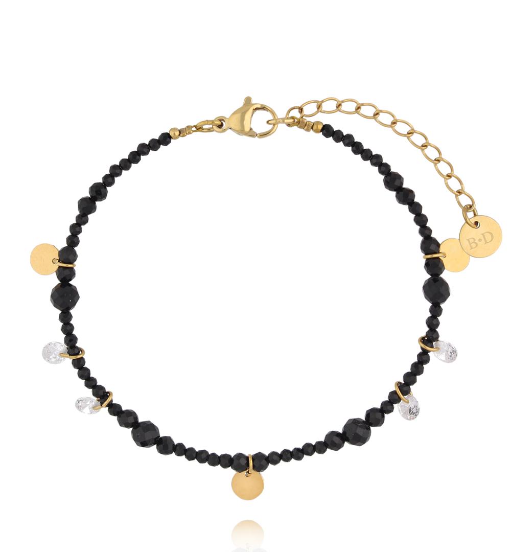 Bransoletka z czarnych, fasetowanych kamieni z kryształkami i złotymi zawieszkami BTW3671
