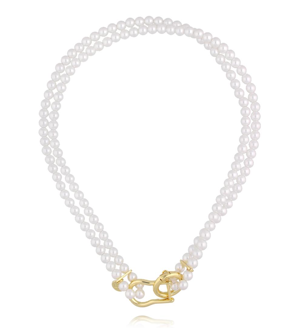 Naszyjnik dwurzędowy z pereł z ozdobnym złoconym zapięciem NPE0388