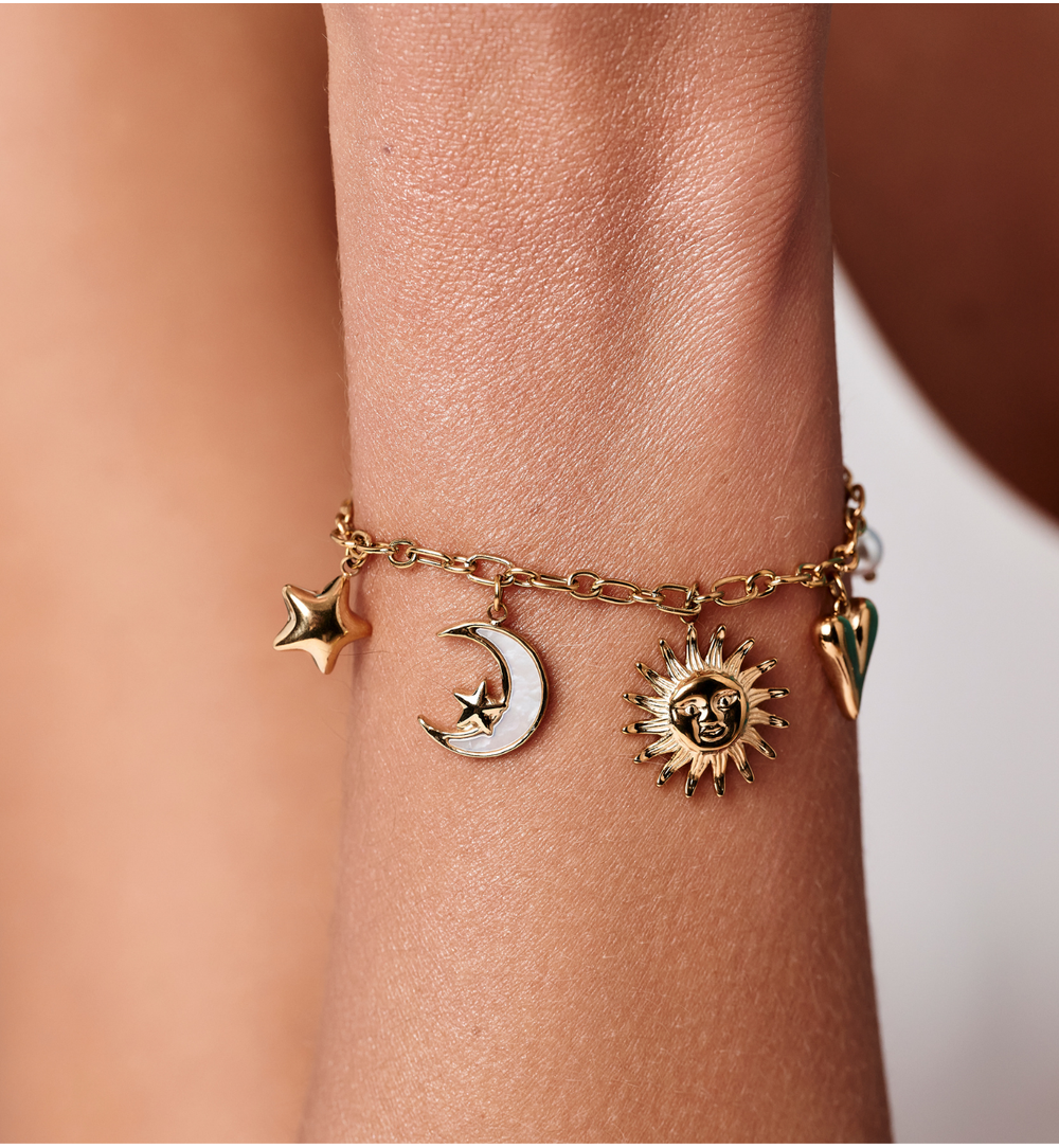 Bransoletka złota z zawieszkami – serce, słońce, księżyc i gwiazda BSH0210