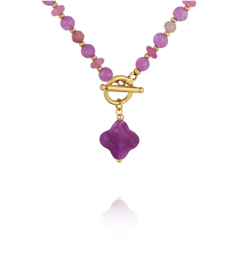 Naszyjnik z  fioletowego jadeitu z zawieszką koniczynki NPA1616