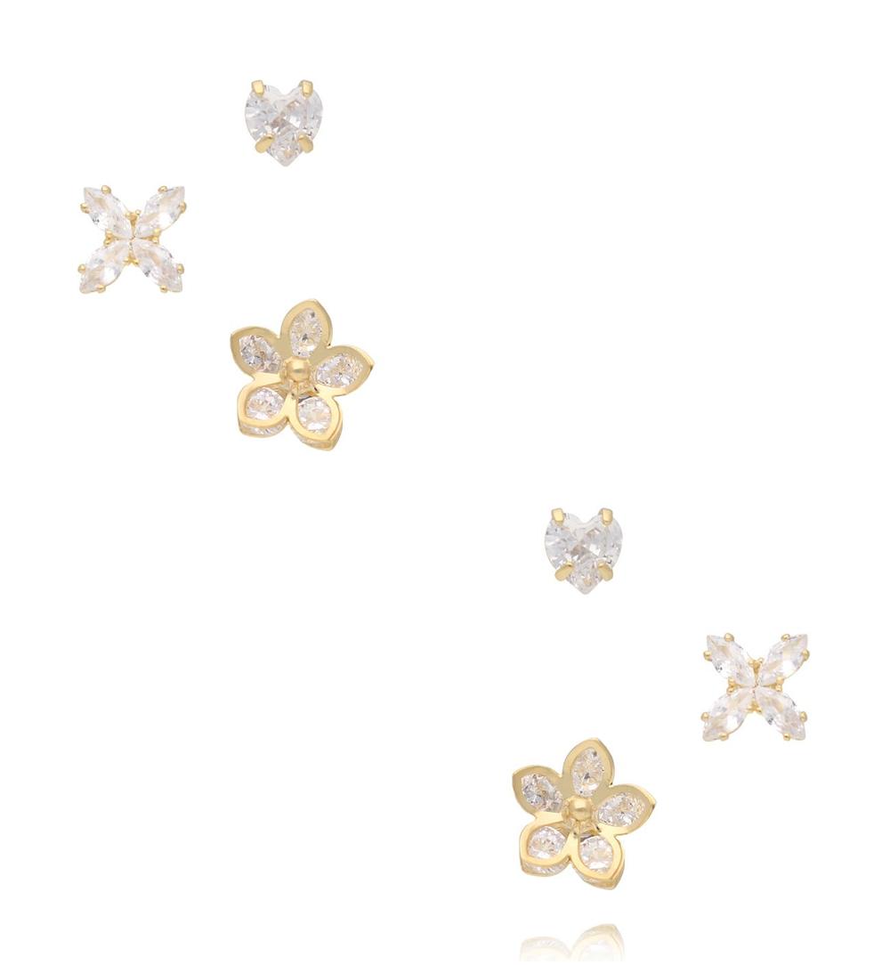 Zestaw złoconych kolczyków z cyrkoniami – serce, kwiat i motyl KMB0028