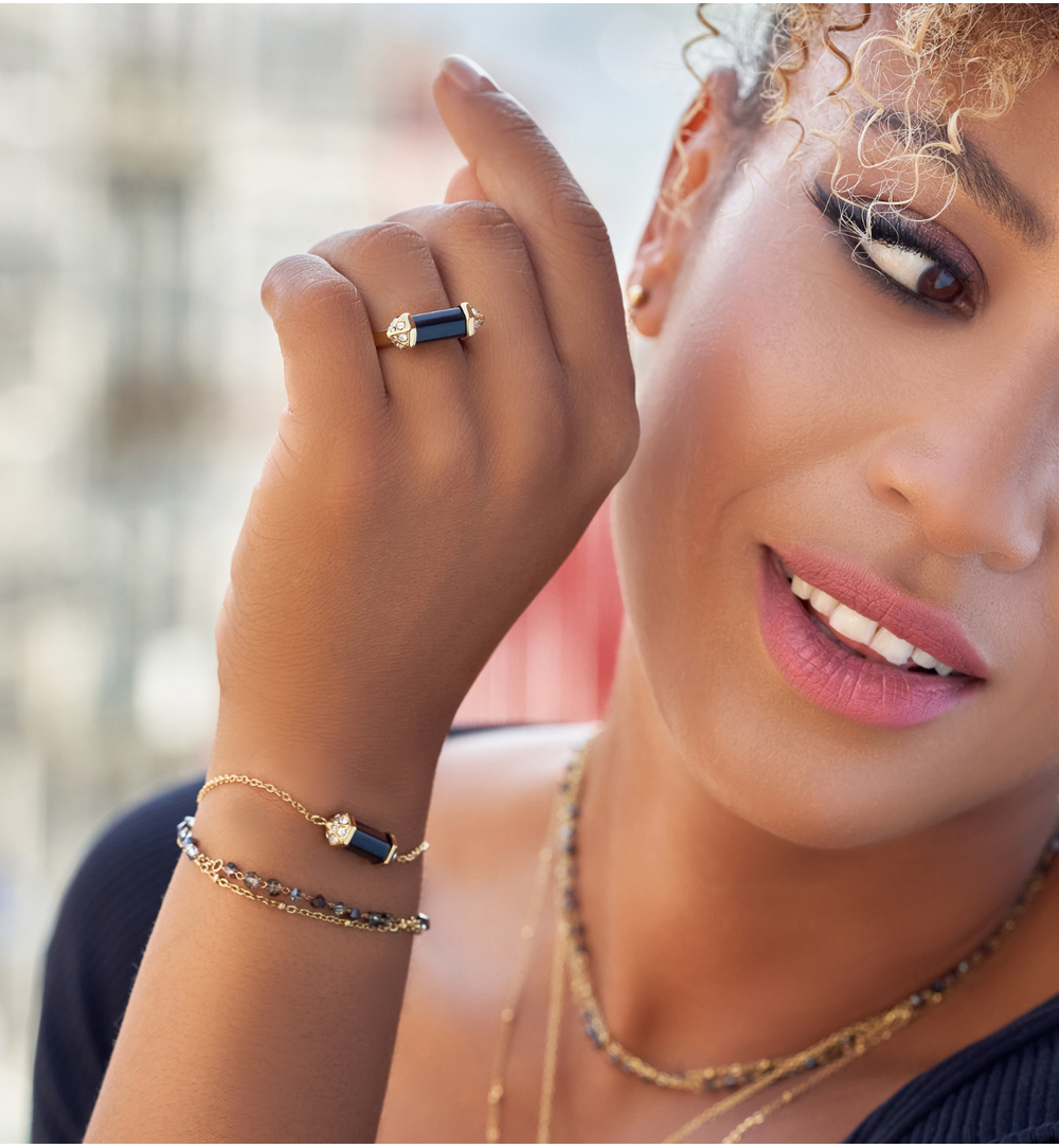 Pierścionek z obsydianem i cyrkoniami Cristal Stone PLB0038