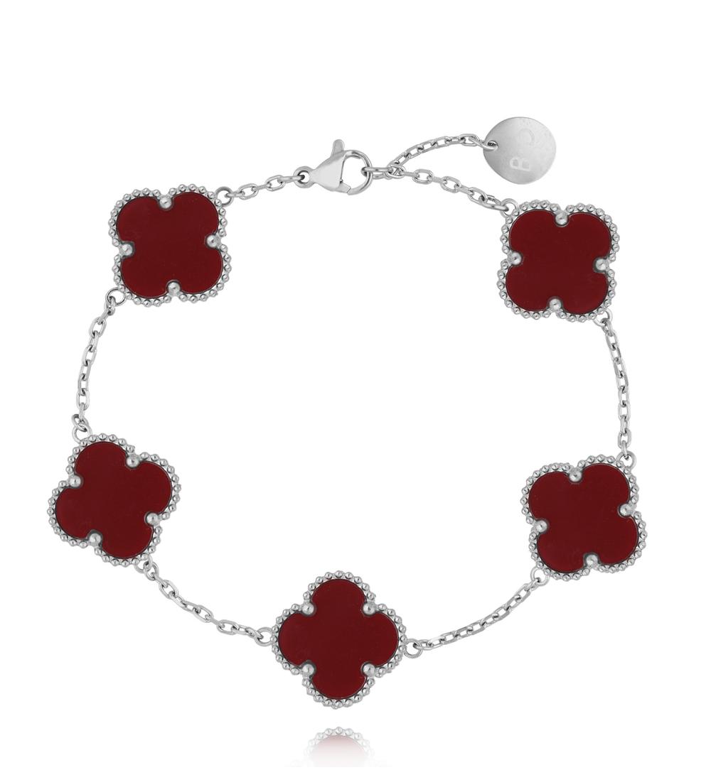 Bransoletka z bordowymi koniczynkami srebrna Clovers BSY0180