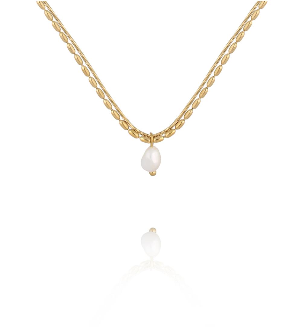 Złocony naszyjnik z delikatnym splotem i perłą NSY0701