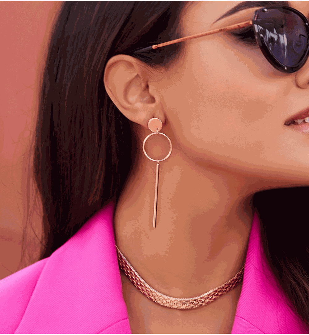 Kolczyki złote wiszące kółka różowe KRG0443