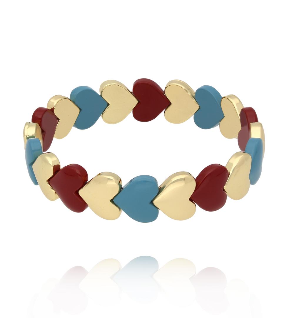 Bransoletka elastyczna z serduszkami w odcieniach błękitu, bordo i złota BCR0086