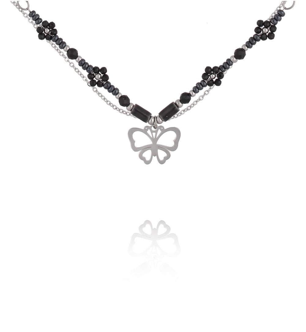 Naszyjnik z czarnymi turmalinami i motylkiem NSY0754