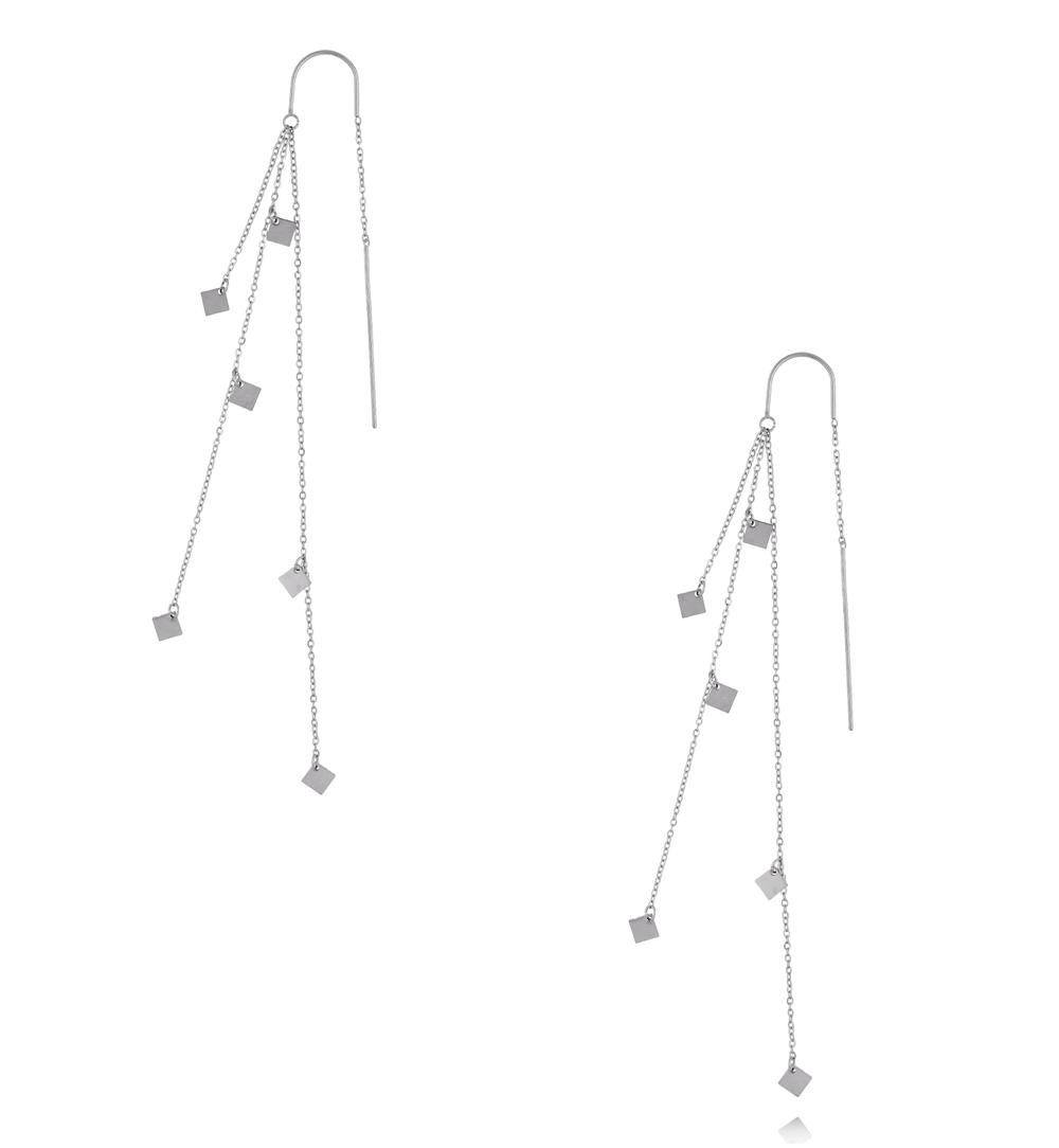 Kolczyki srebrne przewlekane z łańcuszkami i rombami KEA0164