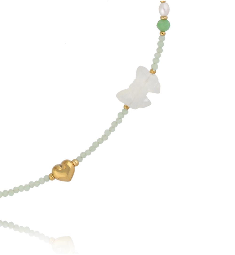 Naszyjnik z jadeitów, perełką i zawieszkami – motylek i serce NPA1432