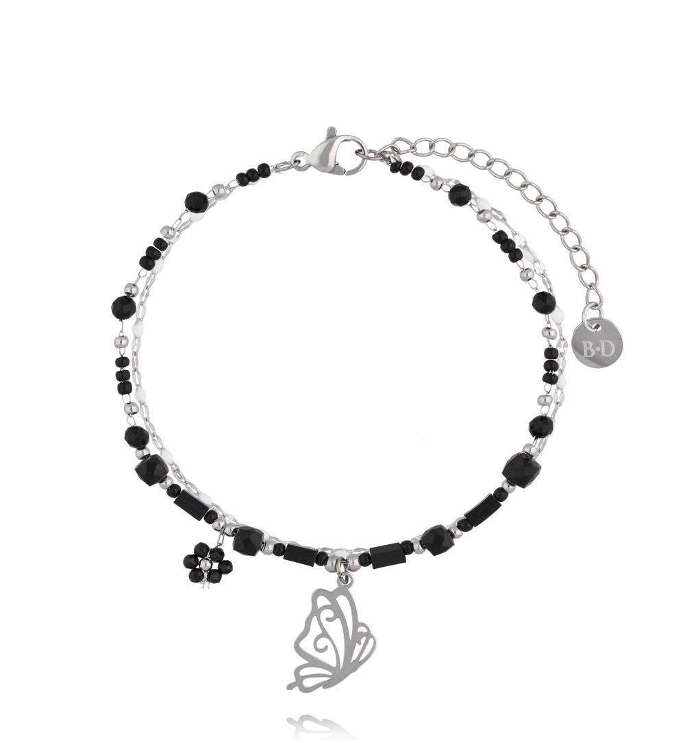 Bransoletka z czarnymi kamieniami i zawieszką motyla BSY0582