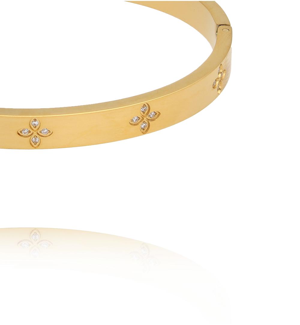 Bransoletka sztywna złota z koniczynkami i cyrkoniami BSY0660