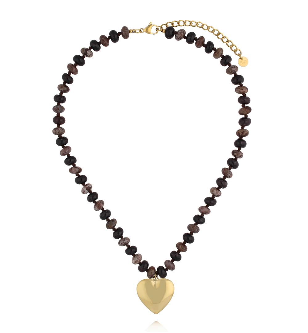 Naszyjnik z kamienia śnieżnego i jadeitu z pozłacanym sercem NPA1592