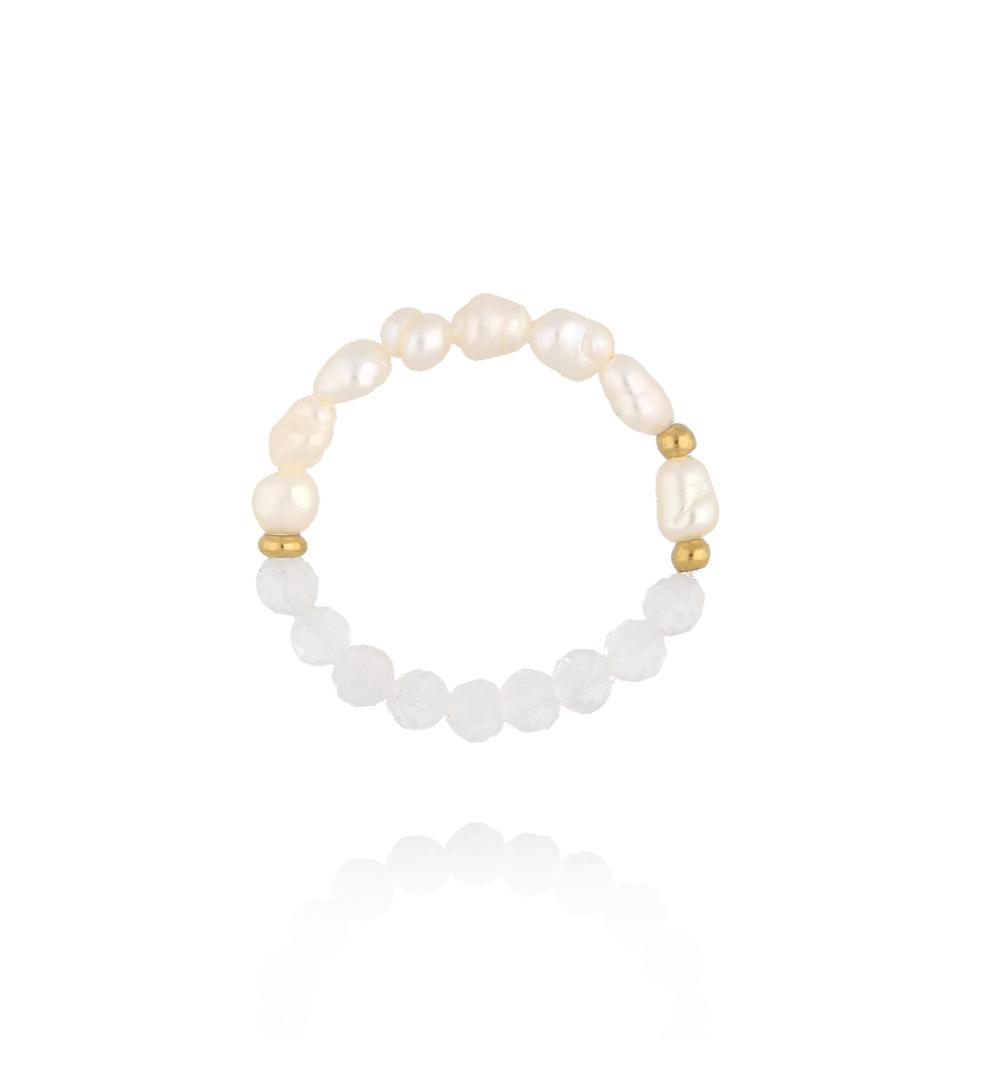 Pierścionek elastyczny z perełek hodowlanych i mlecznych kamieni PPE0119