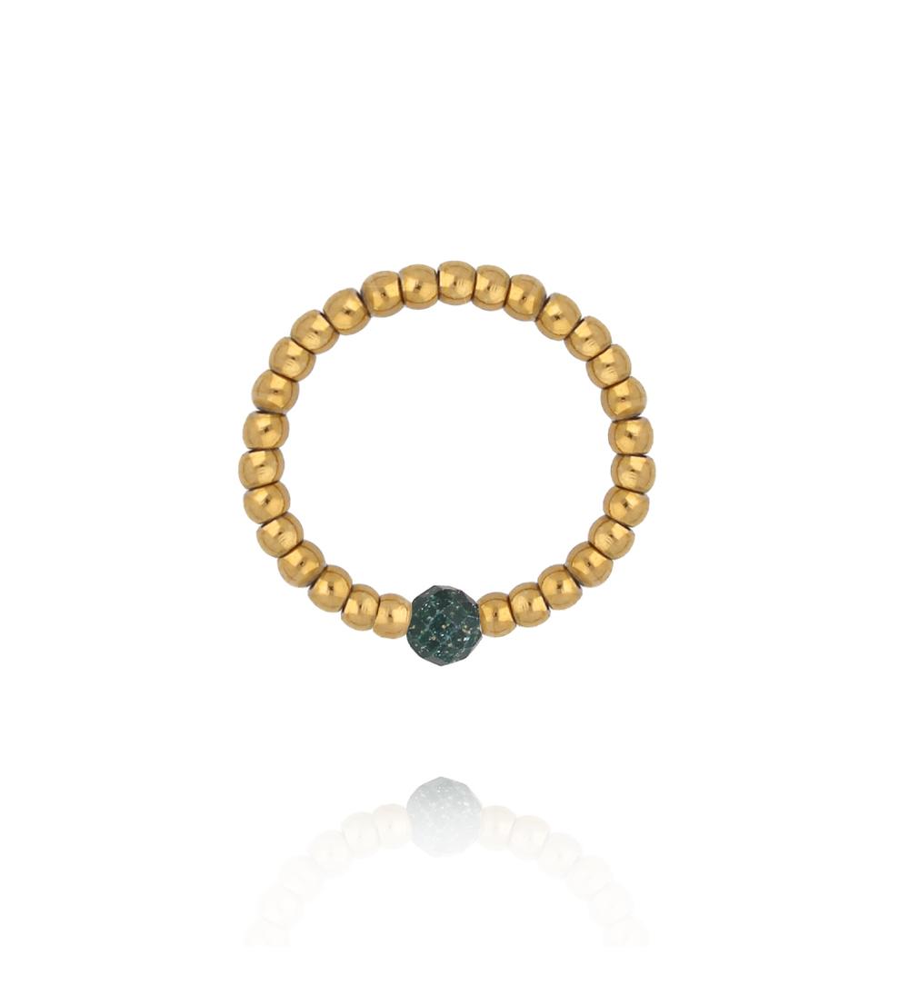 Pierścionek elastyczny ze złotych kuleczek z afrykańskim jadeitem PTW0607