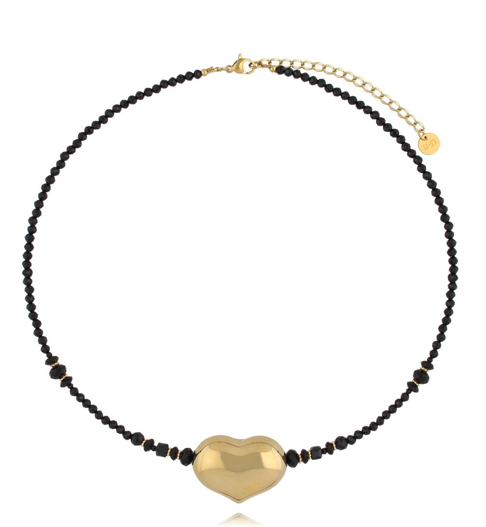 Naszyjnik z czarnego turmalinu i czarnego agatu z pozłacanym sercem NPA1550