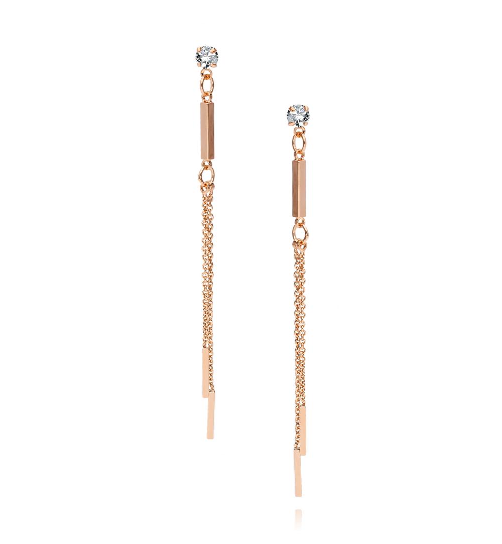 Kolczyki długie z łańcuszkami i cyrkonią w kolorze różowego złota KRG0441