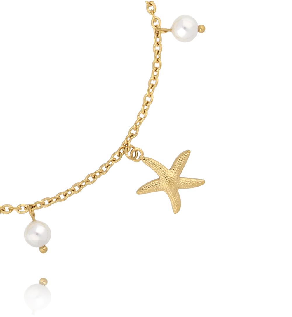 Bransoletka na nogę ze złotymi zawieszkami – muszelki, rozgwiazda i perły  BNSY0062