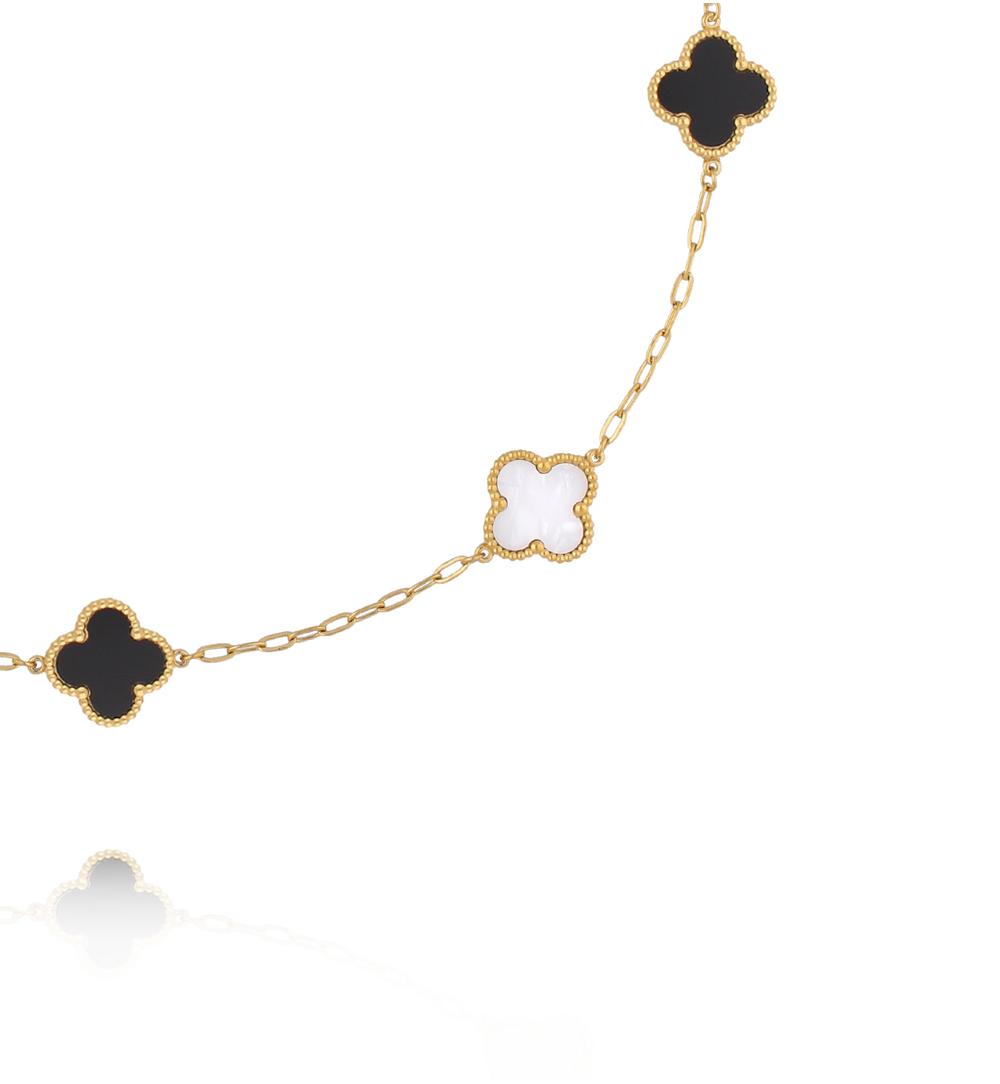 Naszyjnik złoty z czarnymi i białymi koniczynkami NSY0800