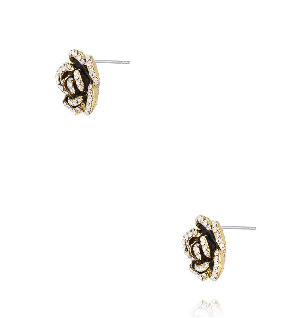 Kolczyki w kształcie róży z czarną emalią i kryształkami KSS2238