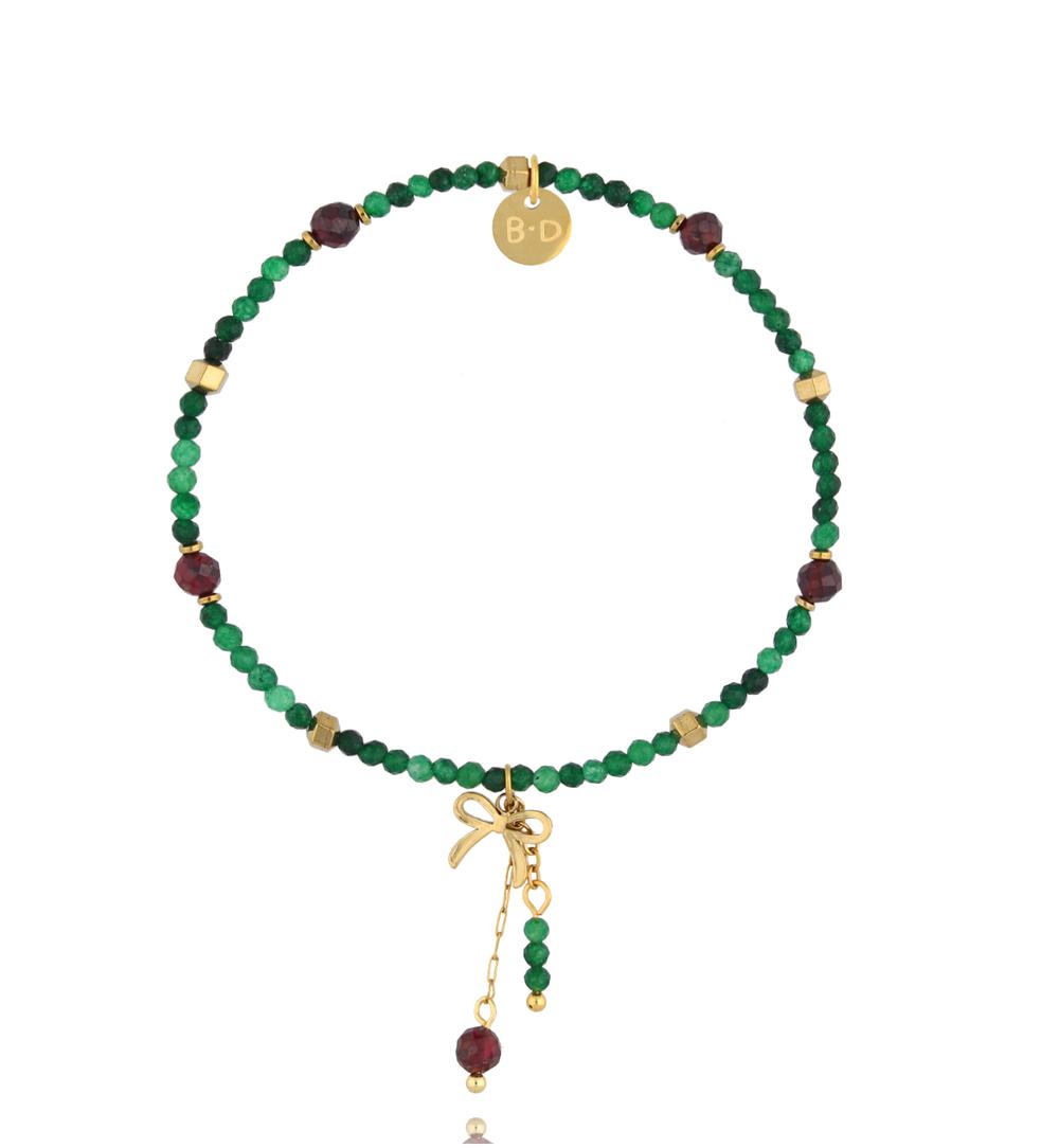 Bransoletka z zielonego jadeitu i granatu z zawieszką kokardki BTW3582