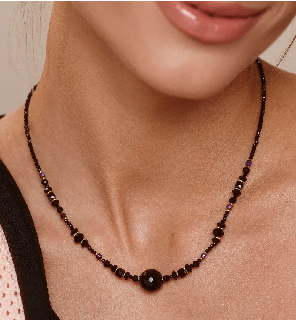 Naszyjnik z czarnego turmalinu, onyksu i szkła NPA1559