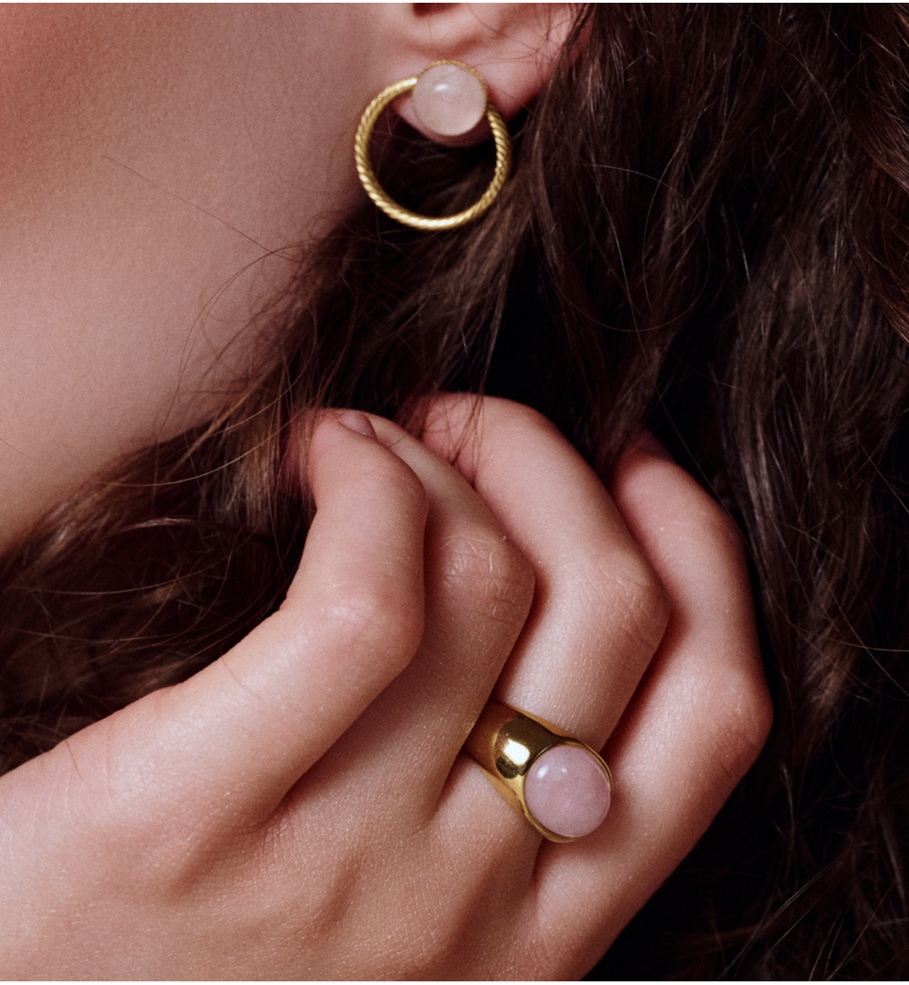 Kolczyki złote koła z różowym kwarcem KSY0442