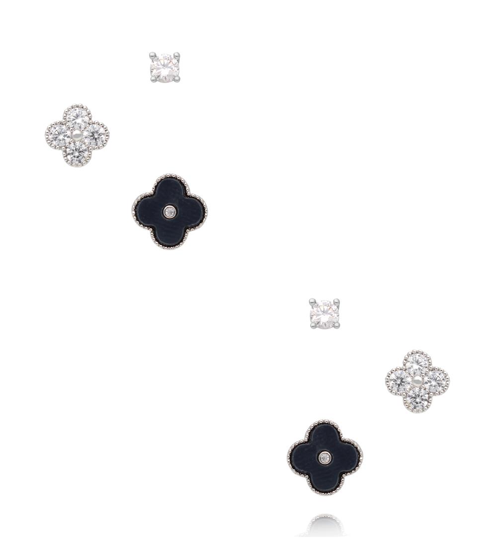 Zestaw kolczyków w srebrnym odcieniu z koniczynką, czernią i cyrkoniami KMB0005