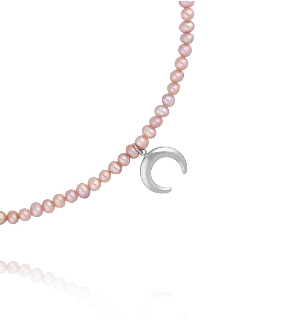 Naszyjnik z różowych pereł z zawieszką księżyca NPE0342