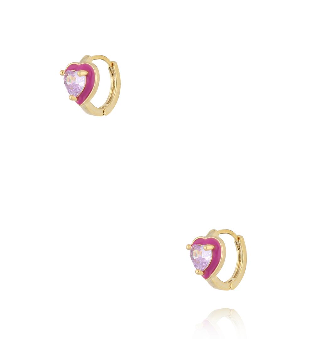 Zestaw złoconych kolczyków z sercem i różową emalią KMB0067